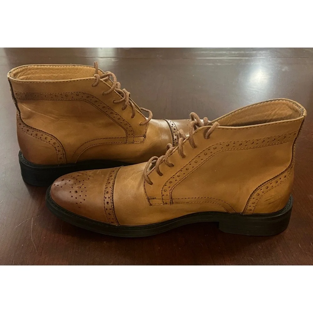 La Milano Mens Patina Tan Leather Wingtip Brogue Cap Toe Ankle Boots Size 9.5